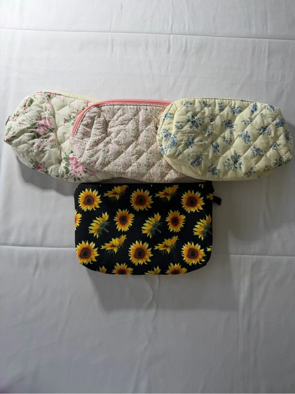 Floral Cosmetic Makeup Bag Bundle 4 Pc Quilted Sunflower Travel Pouches